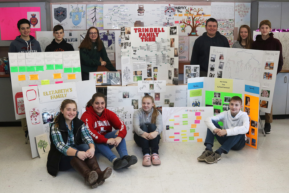 A collection of the ancestry projects with some students. Front (from left): Heidi Decker, Kaitlyn Wood, Havyn Merwin, and Ransom Dutcher. Back (from left): Owen Clough, Peyton Tweedie, Rachel Trimbell, Logan Aubin, Makara MacGibbon, and Caden LeBarge. 